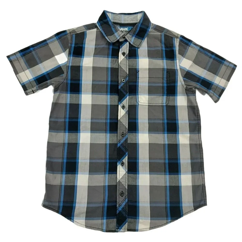 Hawk Plaid Shirt Youth XL 14-16 Gray Button Up Short Sleeve Casual